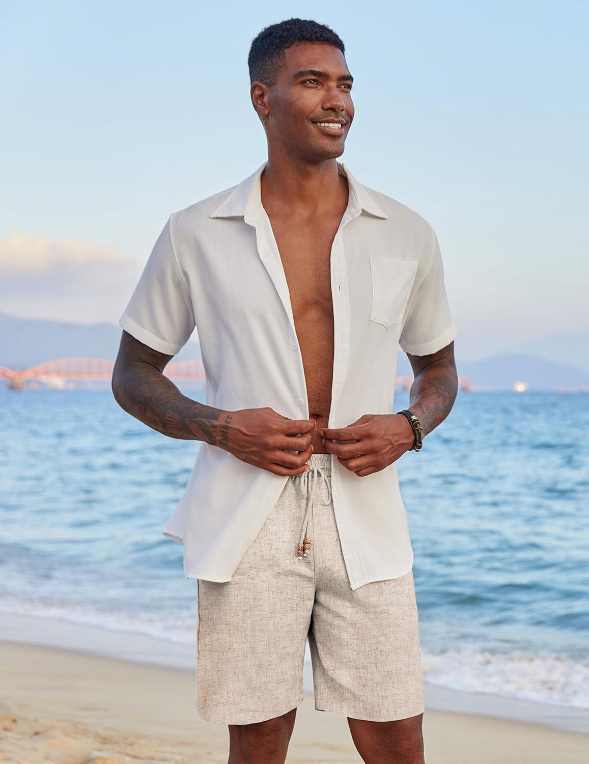 imageCOOFANDY Mens Casual Linen Shorts Elastic Waist Drawstring Loose Fit Summer Beach Vacation Shorts with PocketsZ KhakiWhite
