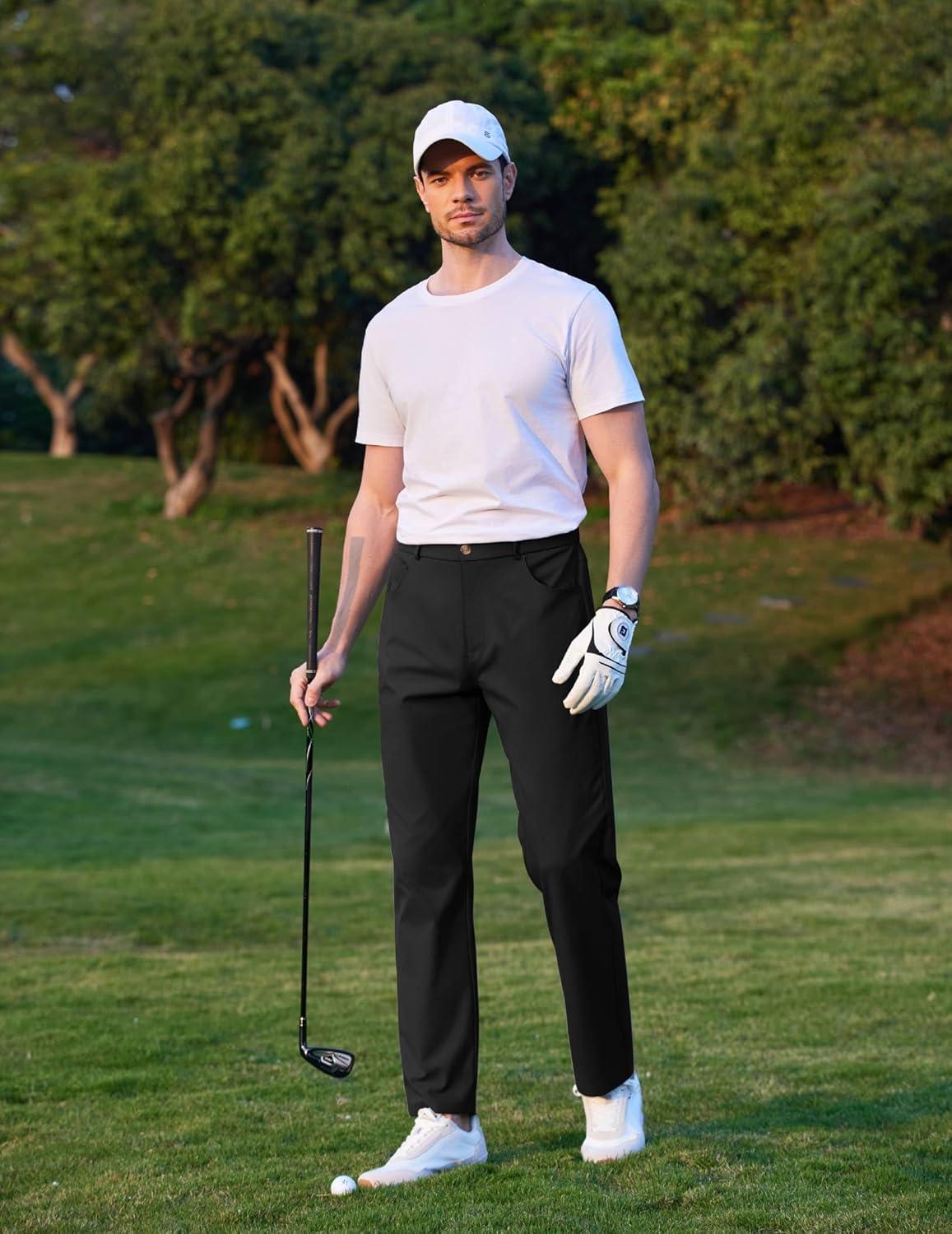 imageCOOFANDY Mens Casual Pants Elastic Waist Flat Front Dress Slacks Regular Fit Stretch Golf Pants Work Office TrousersBlack