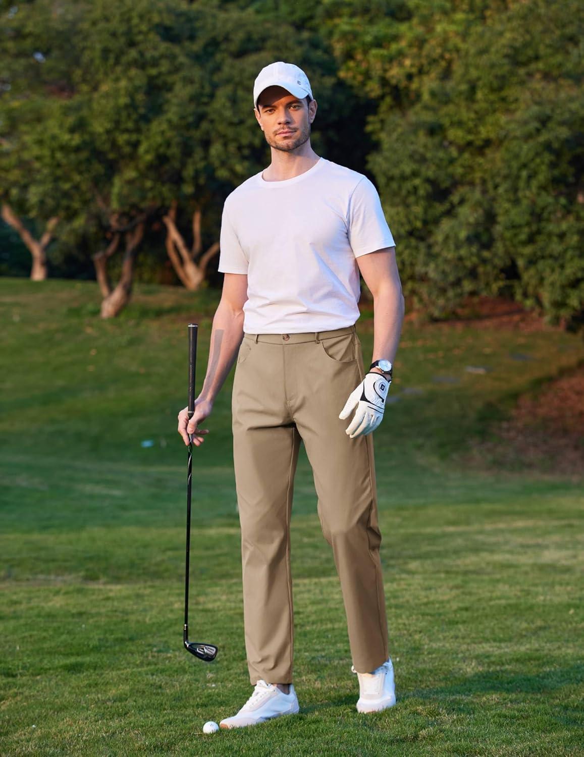 imageCOOFANDY Mens Casual Pants Elastic Waist Flat Front Dress Slacks Regular Fit Stretch Golf Pants Work Office TrousersKhaki