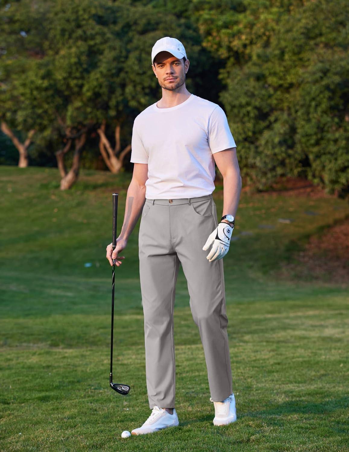 imageCOOFANDY Mens Casual Pants Elastic Waist Flat Front Dress Slacks Regular Fit Stretch Golf Pants Work Office TrousersLight Gray