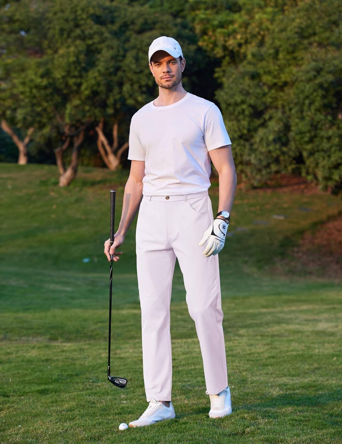 imageCOOFANDY Mens Casual Pants Elastic Waist Flat Front Dress Slacks Regular Fit Stretch Golf Pants Work Office TrousersWhite
