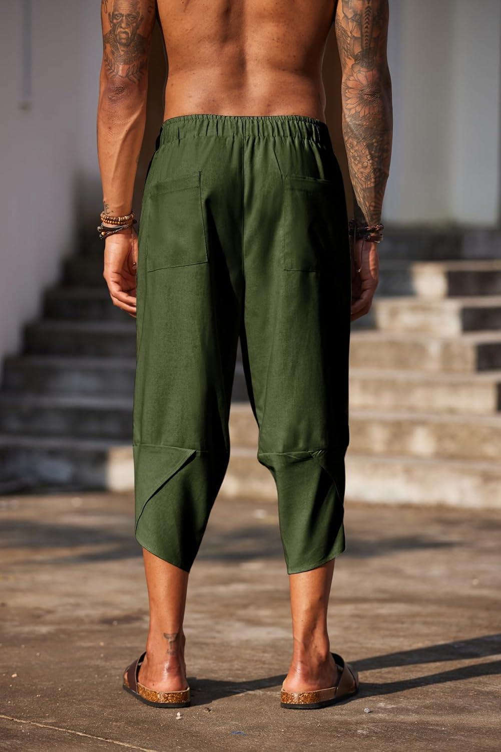 imageCOOFANDY Mens Casual Pants Linen Capri Harem Pants Loose Fit Baggy Pants Lightweight Beach Yoga TrousersArmy Green