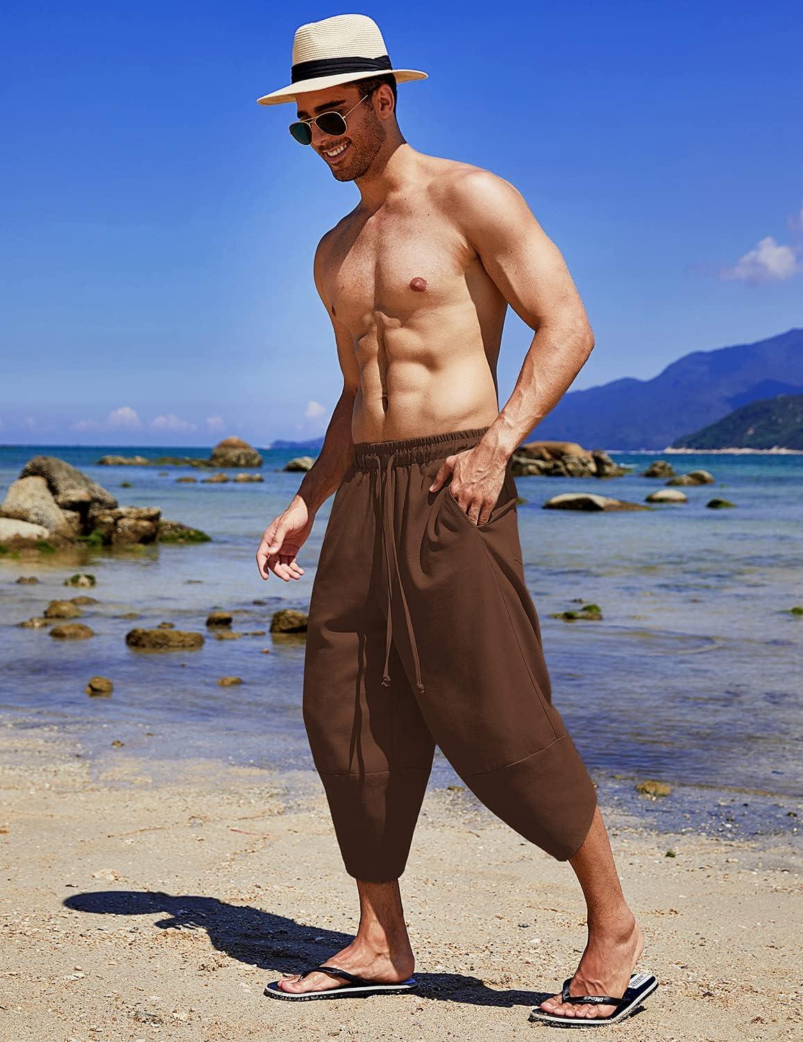 imageCOOFANDY Mens Casual Pants Linen Capri Harem Pants Loose Fit Baggy Pants Lightweight Beach Yoga TrousersCoffee