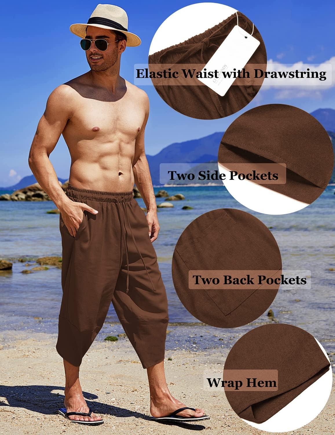 imageCOOFANDY Mens Casual Pants Linen Capri Harem Pants Loose Fit Baggy Pants Lightweight Beach Yoga TrousersCoffee