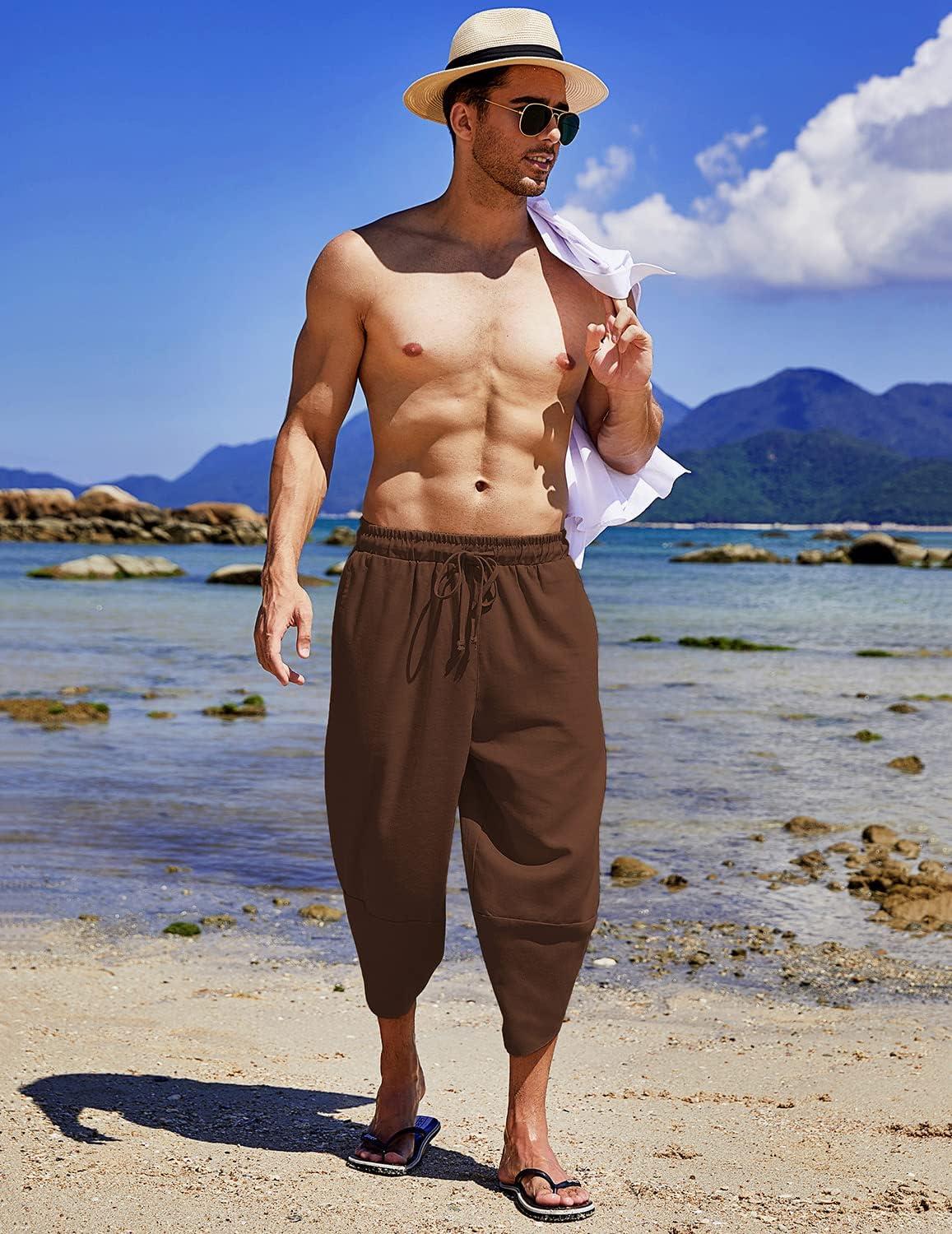 imageCOOFANDY Mens Casual Pants Linen Capri Harem Pants Loose Fit Baggy Pants Lightweight Beach Yoga TrousersCoffee