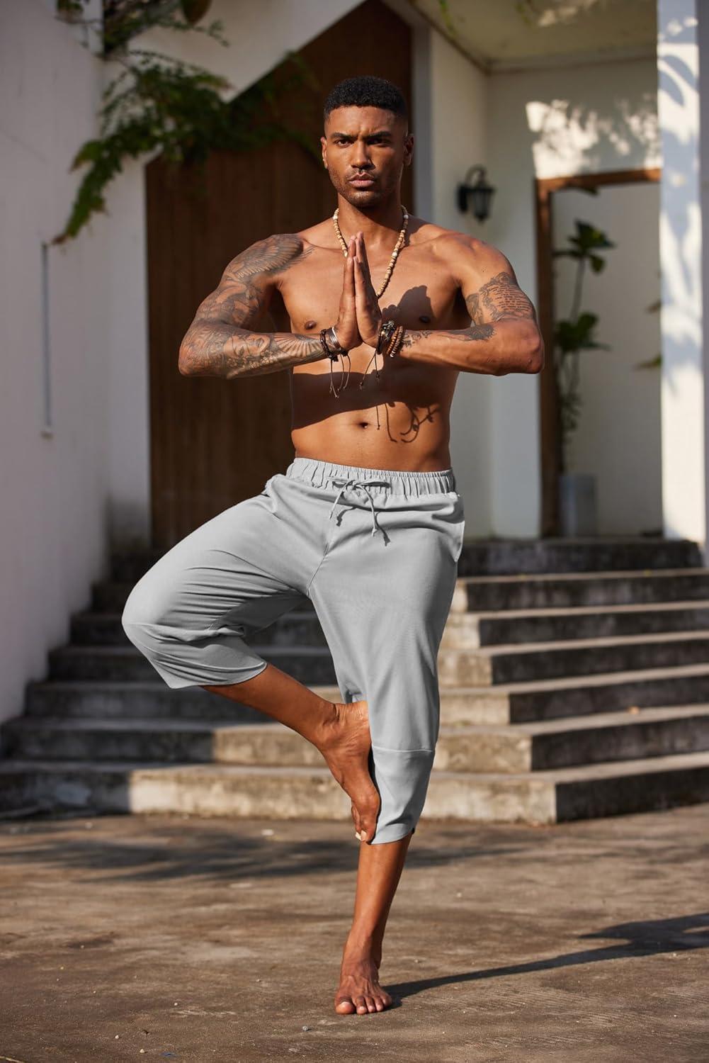 imageCOOFANDY Mens Casual Pants Linen Capri Harem Pants Loose Fit Baggy Pants Lightweight Beach Yoga TrousersGrey