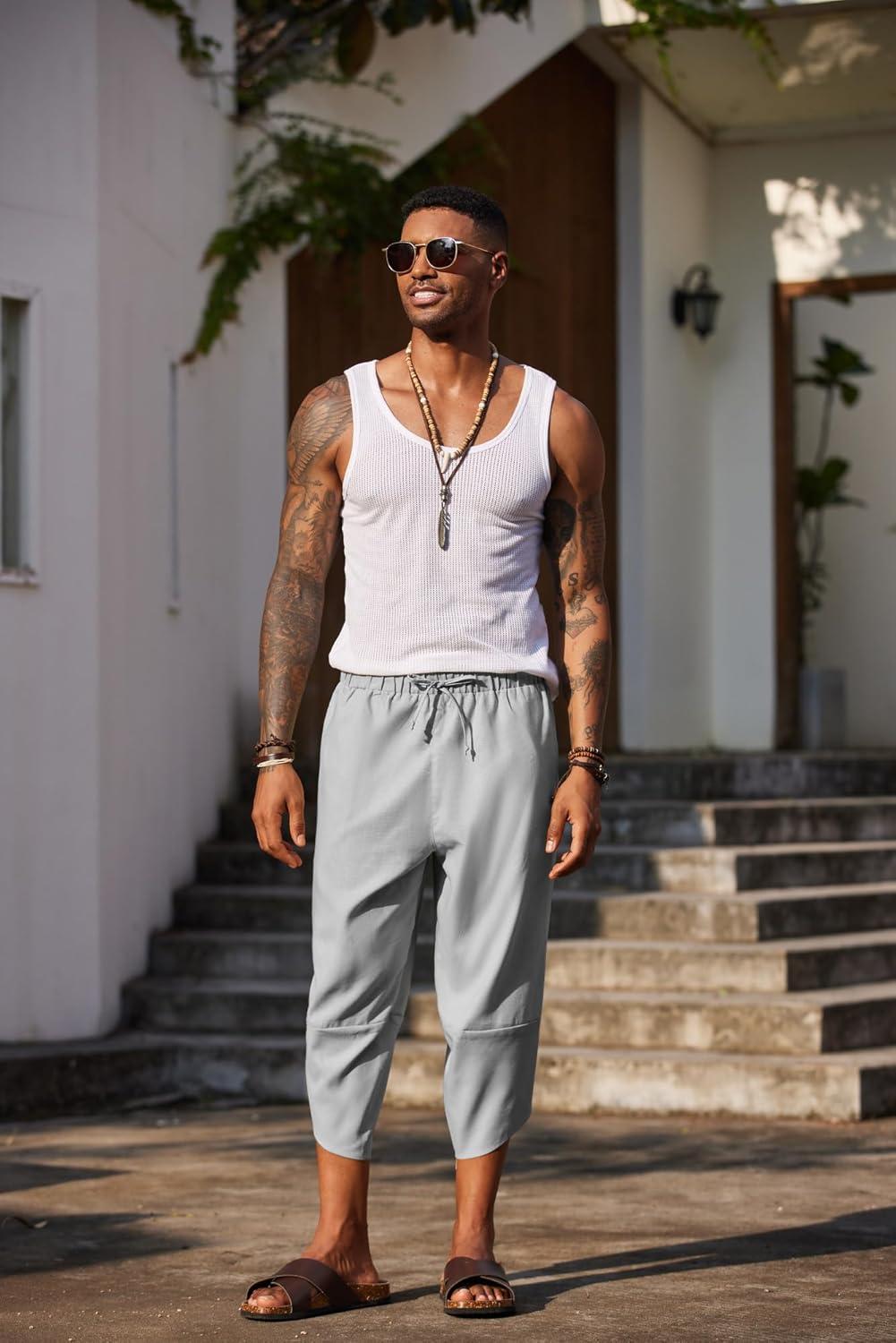 imageCOOFANDY Mens Casual Pants Linen Capri Harem Pants Loose Fit Baggy Pants Lightweight Beach Yoga TrousersGrey