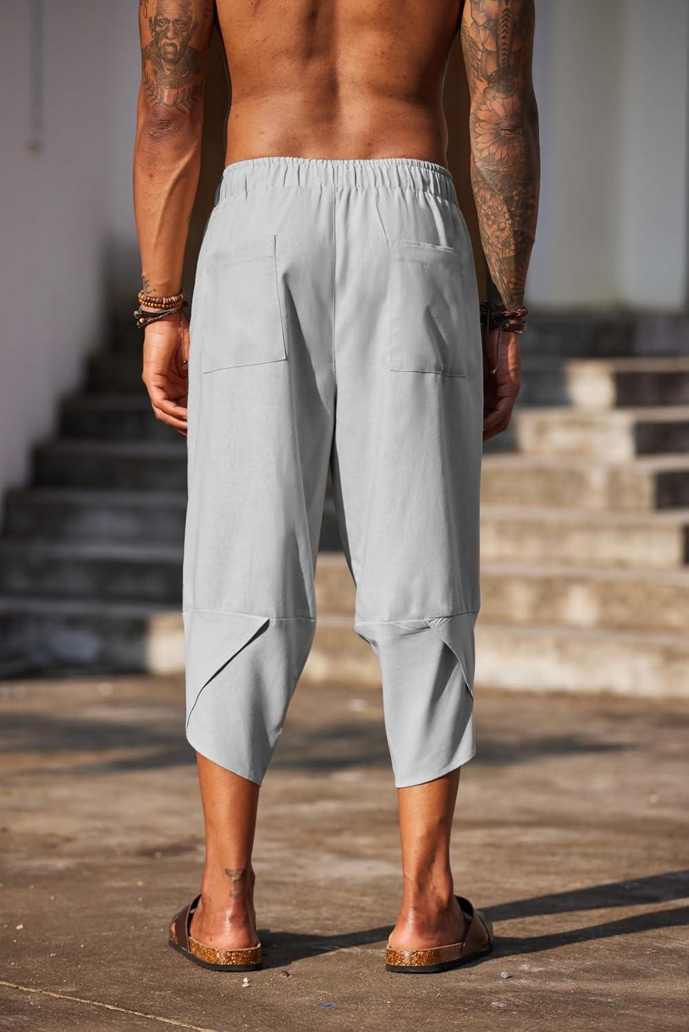 imageCOOFANDY Mens Casual Pants Linen Capri Harem Pants Loose Fit Baggy Pants Lightweight Beach Yoga TrousersGrey