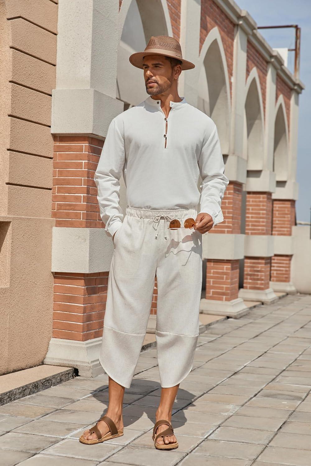 imageCOOFANDY Mens Casual Pants Linen Capri Harem Pants Loose Fit Baggy Pants Lightweight Beach Yoga TrousersLinen Khaki