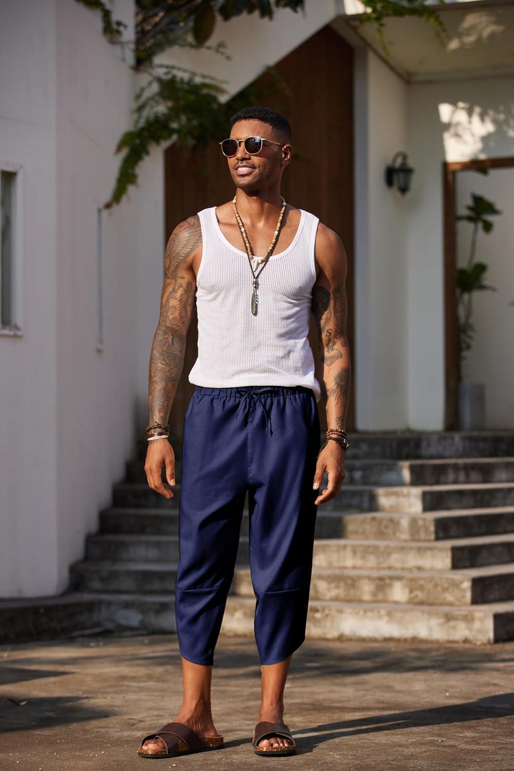 imageCOOFANDY Mens Casual Pants Linen Capri Harem Pants Loose Fit Baggy Pants Lightweight Beach Yoga TrousersNavy Blue