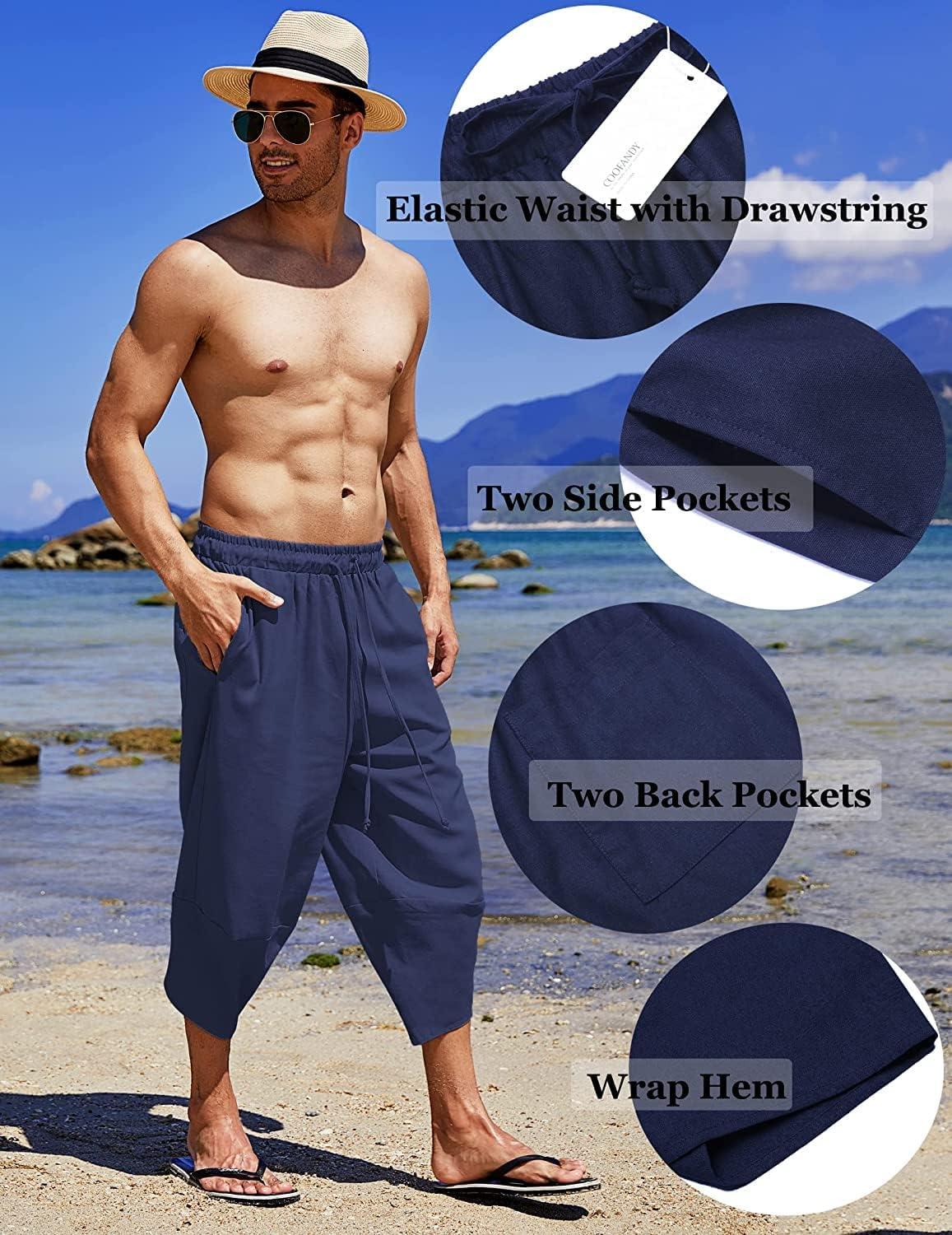 imageCOOFANDY Mens Casual Pants Linen Capri Harem Pants Loose Fit Baggy Pants Lightweight Beach Yoga TrousersNavy Blue