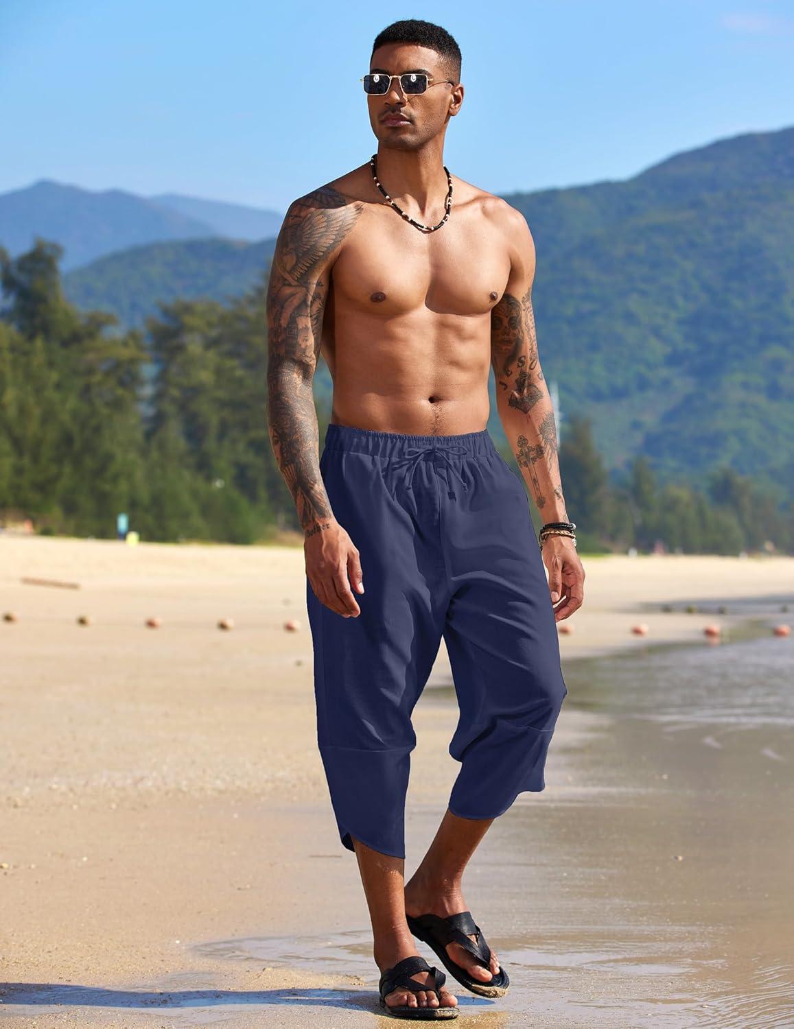 imageCOOFANDY Mens Casual Pants Linen Capri Harem Pants Loose Fit Baggy Pants Lightweight Beach Yoga TrousersNavy Blue