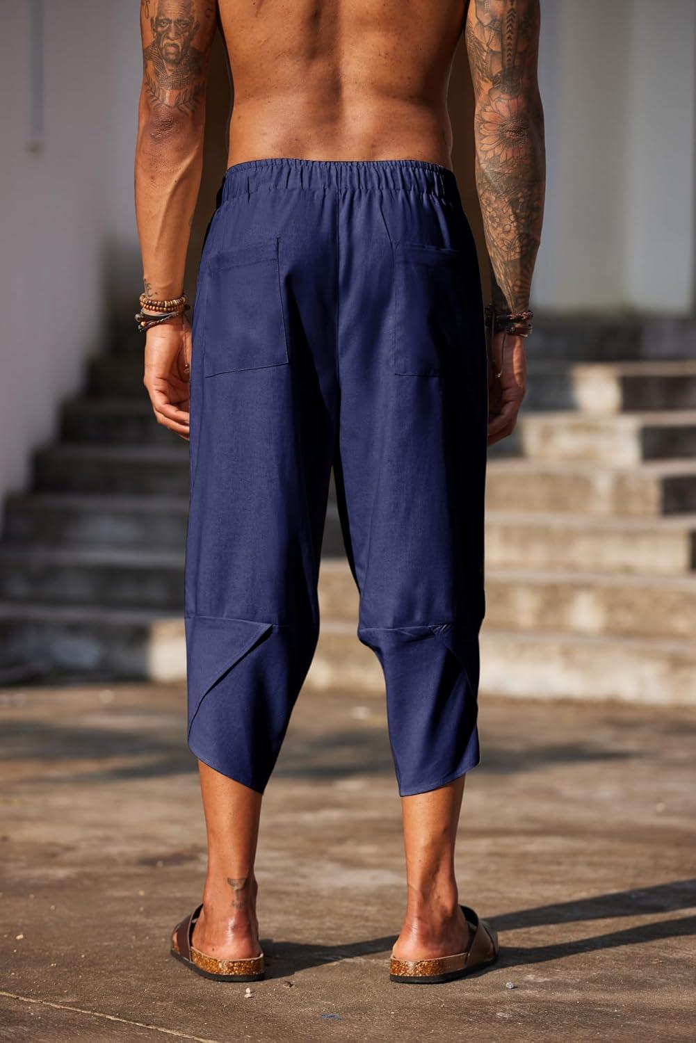 imageCOOFANDY Mens Casual Pants Linen Capri Harem Pants Loose Fit Baggy Pants Lightweight Beach Yoga TrousersNavy Blue