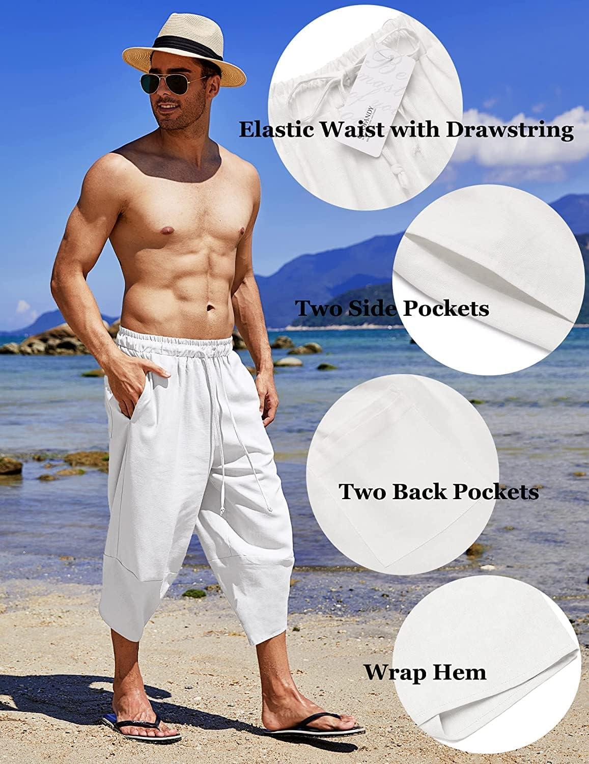 imageCOOFANDY Mens Casual Pants Linen Capri Harem Pants Loose Fit Baggy Pants Lightweight Beach Yoga TrousersWhite