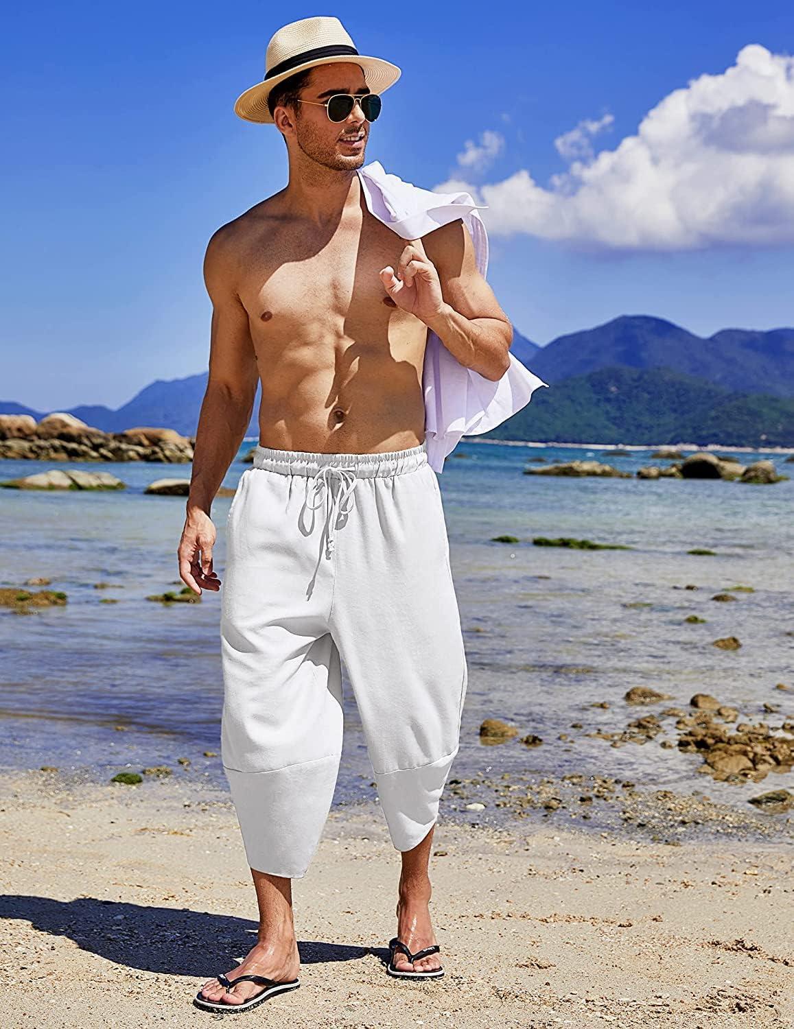 imageCOOFANDY Mens Casual Pants Linen Capri Harem Pants Loose Fit Baggy Pants Lightweight Beach Yoga TrousersWhite