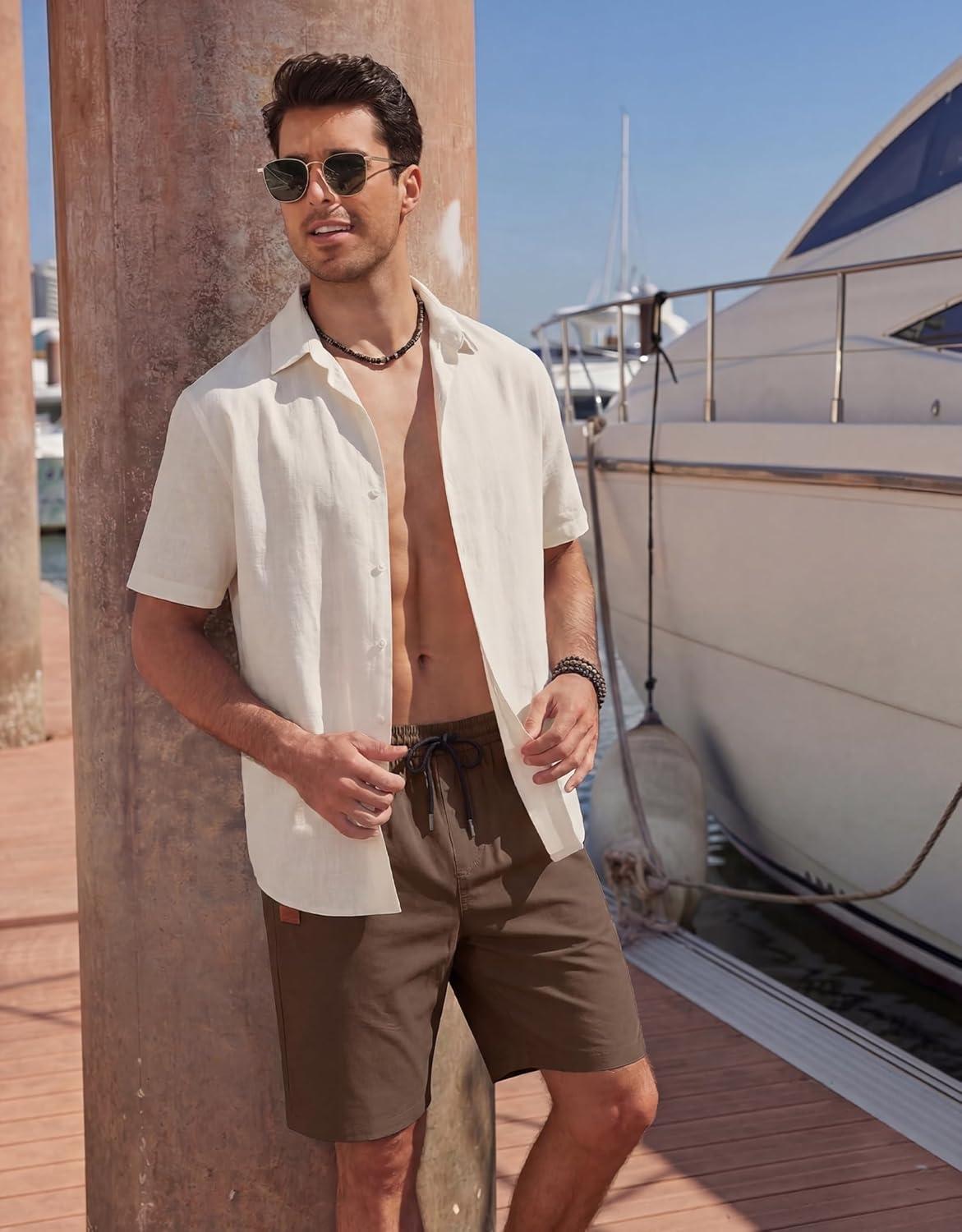 imageCOOFANDY Mens Casual Shorts 9 Cotton Drawstring Elastic Waist Lightweight Summer Beach Shorts with PocketsBrown