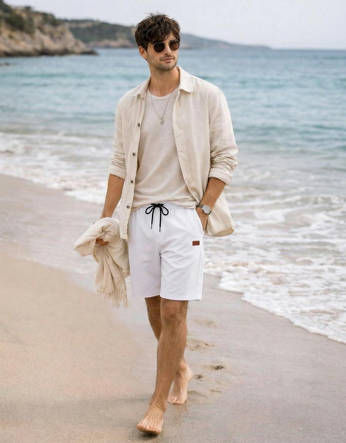 imageCOOFANDY Mens Casual Shorts 9 Cotton Drawstring Elastic Waist Lightweight Summer Beach Shorts with PocketsWhite