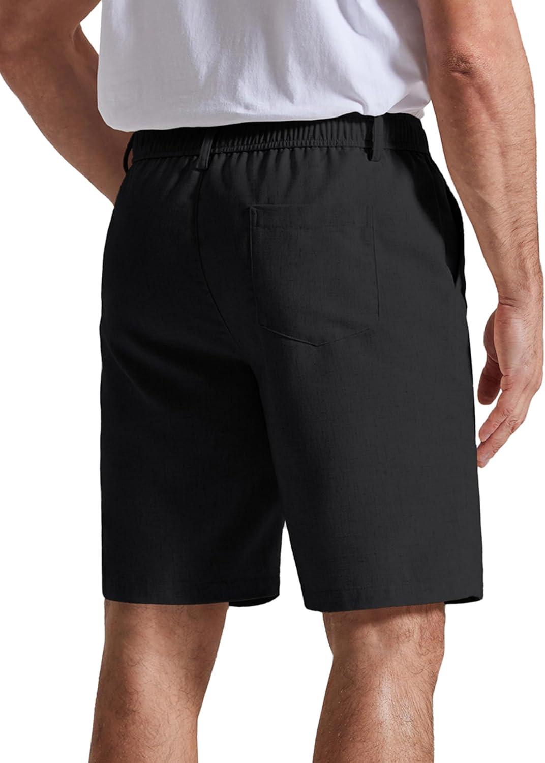imageCOOFANDY Mens Casual Shorts 9 Flat Front Elastic Waist Linen Dress Shorts Lightweight Summer Outfits with PocketsBlack