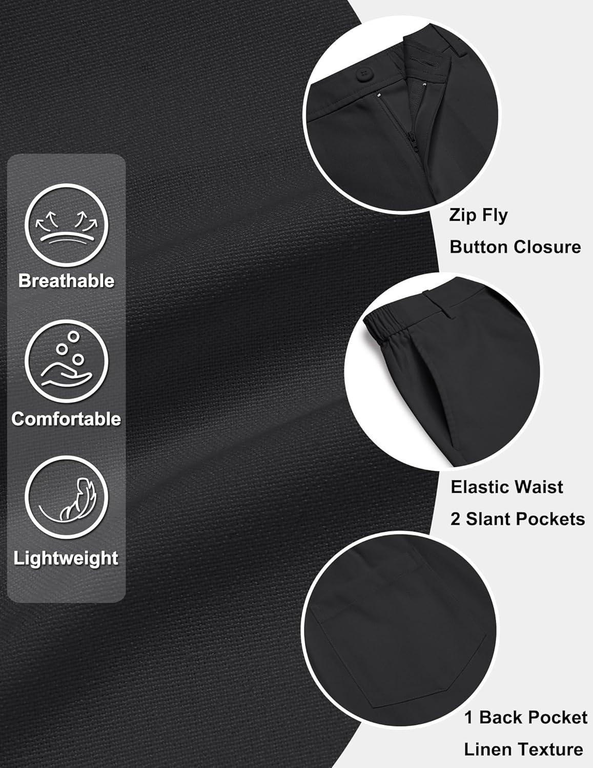 imageCOOFANDY Mens Casual Shorts 9 Flat Front Elastic Waist Linen Dress Shorts Lightweight Summer Outfits with PocketsBlack