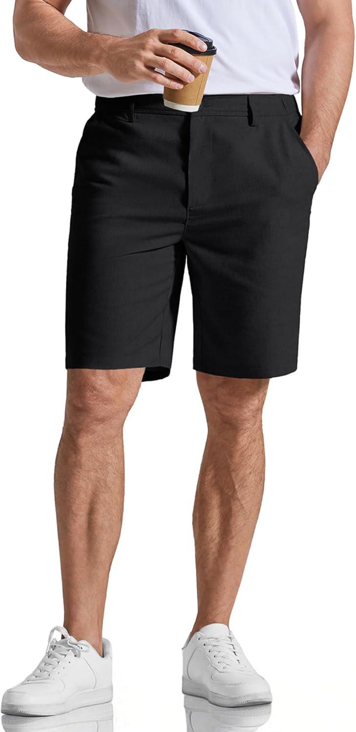 imageCOOFANDY Mens Casual Shorts 9 Flat Front Elastic Waist Linen Dress Shorts Lightweight Summer Outfits with PocketsBlack