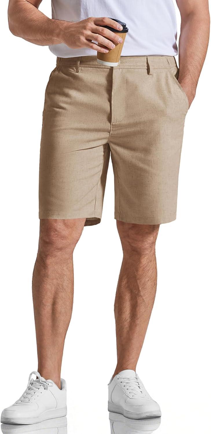 imageCOOFANDY Mens Casual Shorts 9 Flat Front Elastic Waist Linen Dress Shorts Lightweight Summer Outfits with PocketsKhaki