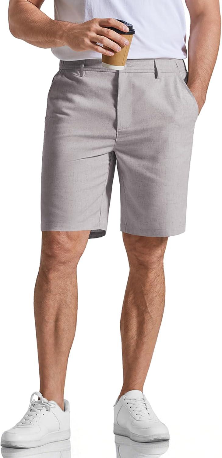 imageCOOFANDY Mens Casual Shorts 9 Flat Front Elastic Waist Linen Dress Shorts Lightweight Summer Outfits with PocketsLight Gray