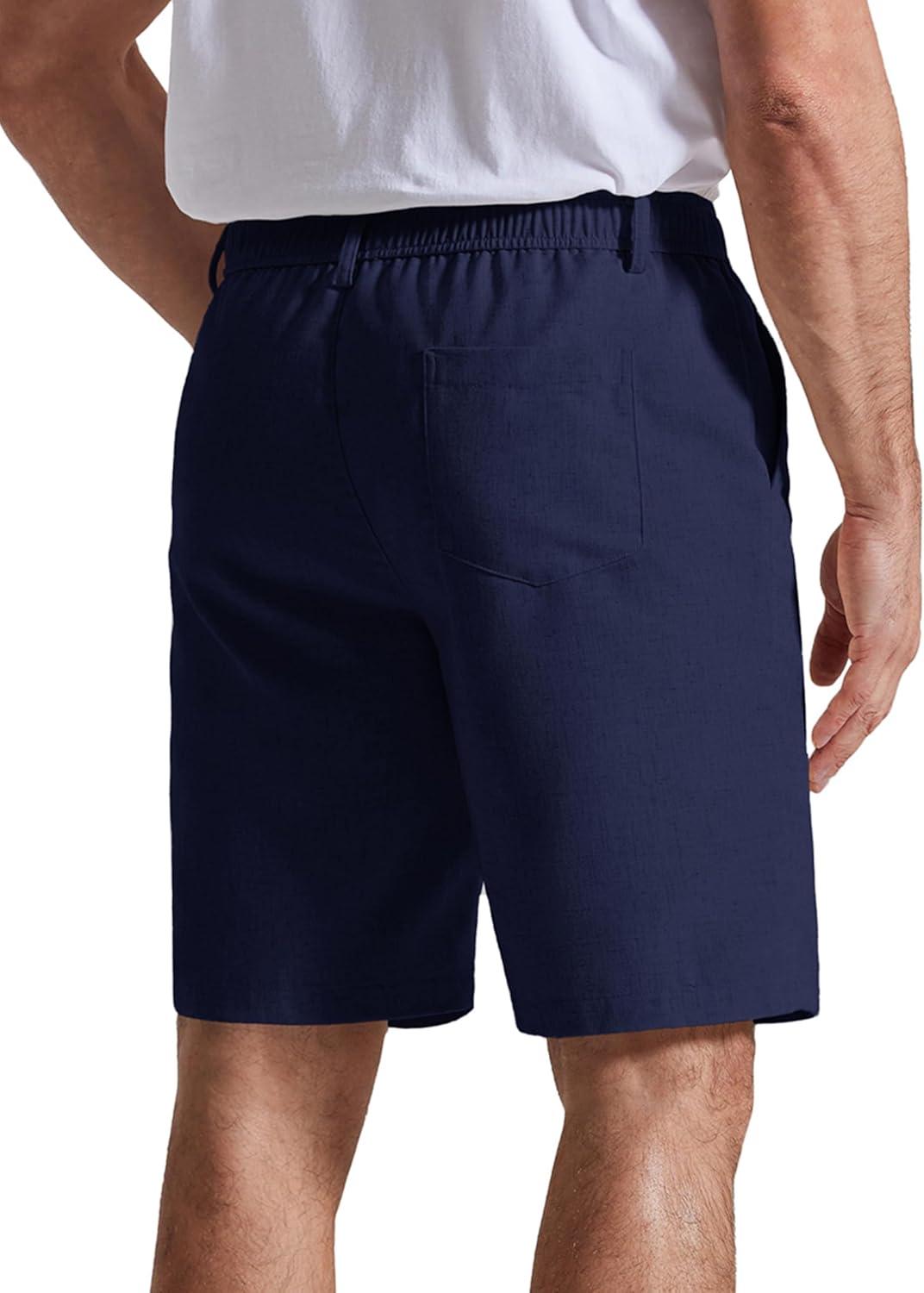 imageCOOFANDY Mens Casual Shorts 9 Flat Front Elastic Waist Linen Dress Shorts Lightweight Summer Outfits with PocketsNavy Blue