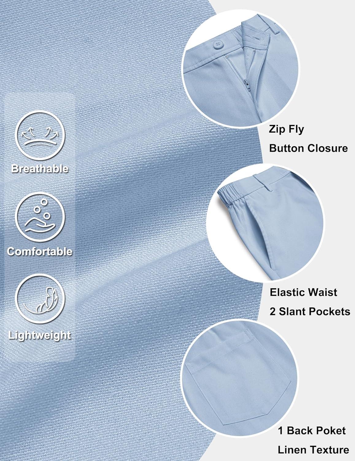 imageCOOFANDY Mens Casual Shorts 9 Flat Front Elastic Waist Linen Dress Shorts Lightweight Summer Outfits with PocketsSky Blue