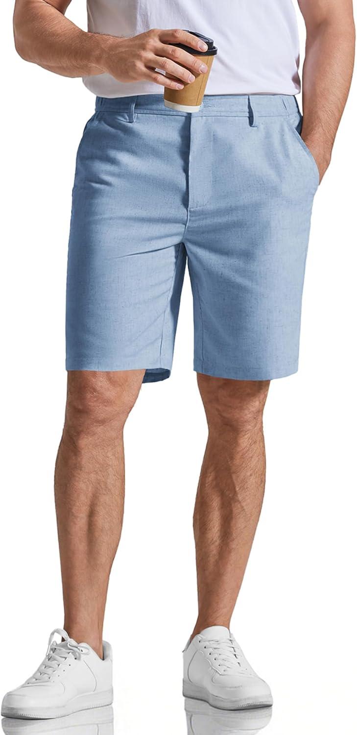 imageCOOFANDY Mens Casual Shorts 9 Flat Front Elastic Waist Linen Dress Shorts Lightweight Summer Outfits with PocketsSky Blue