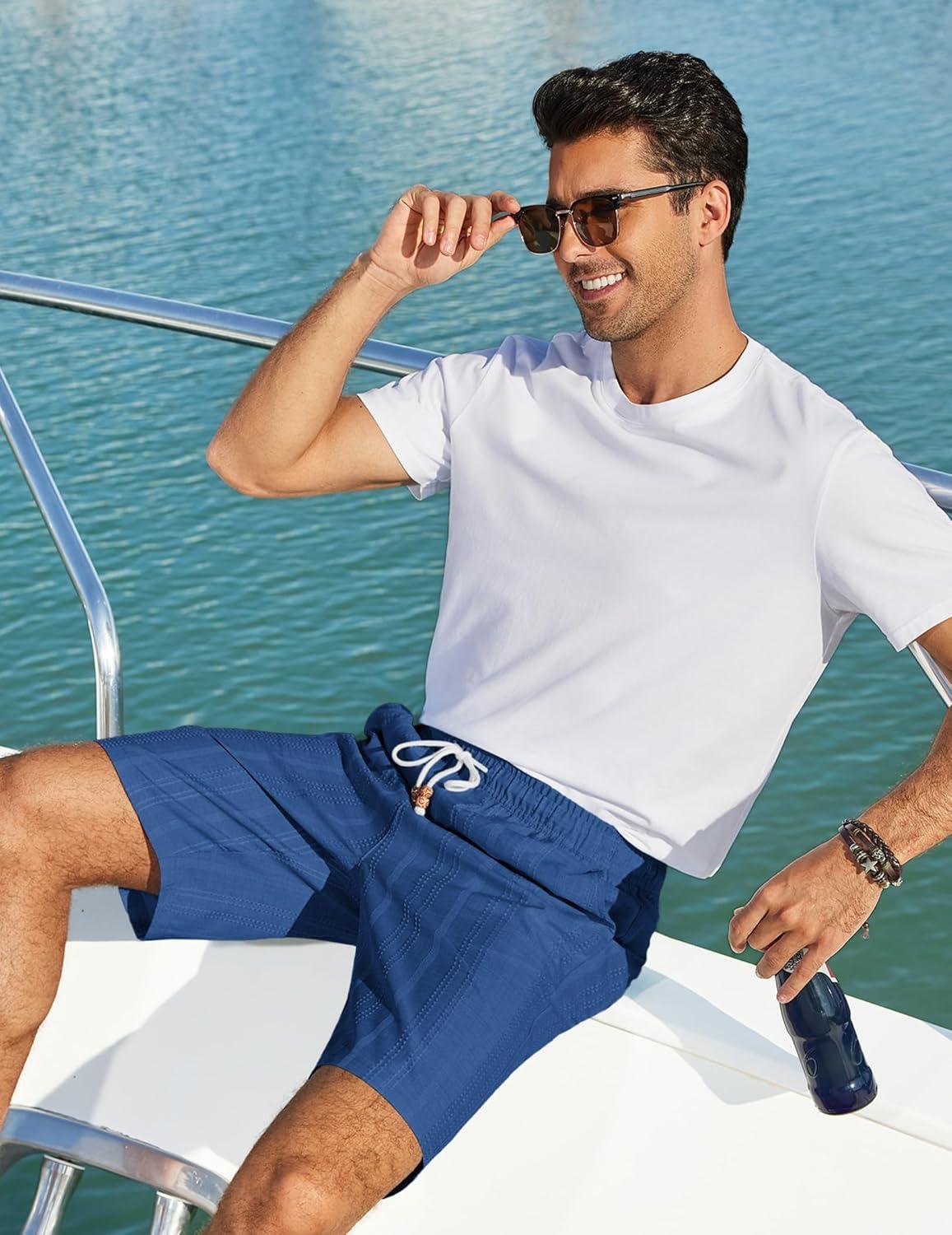 imageCOOFANDY Mens Casual Shorts 9 Summer Beach Shorts Drawstring Elastic Waist Shorts with PocketsDark Blue
