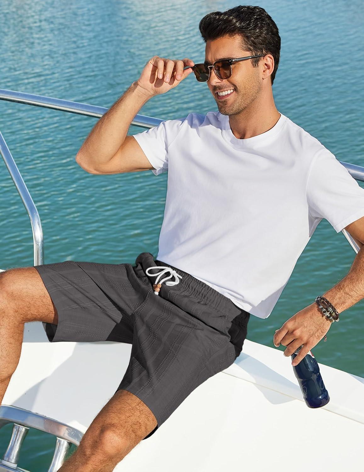 imageCOOFANDY Mens Casual Shorts 9 Summer Beach Shorts Drawstring Elastic Waist Shorts with PocketsDark Gray