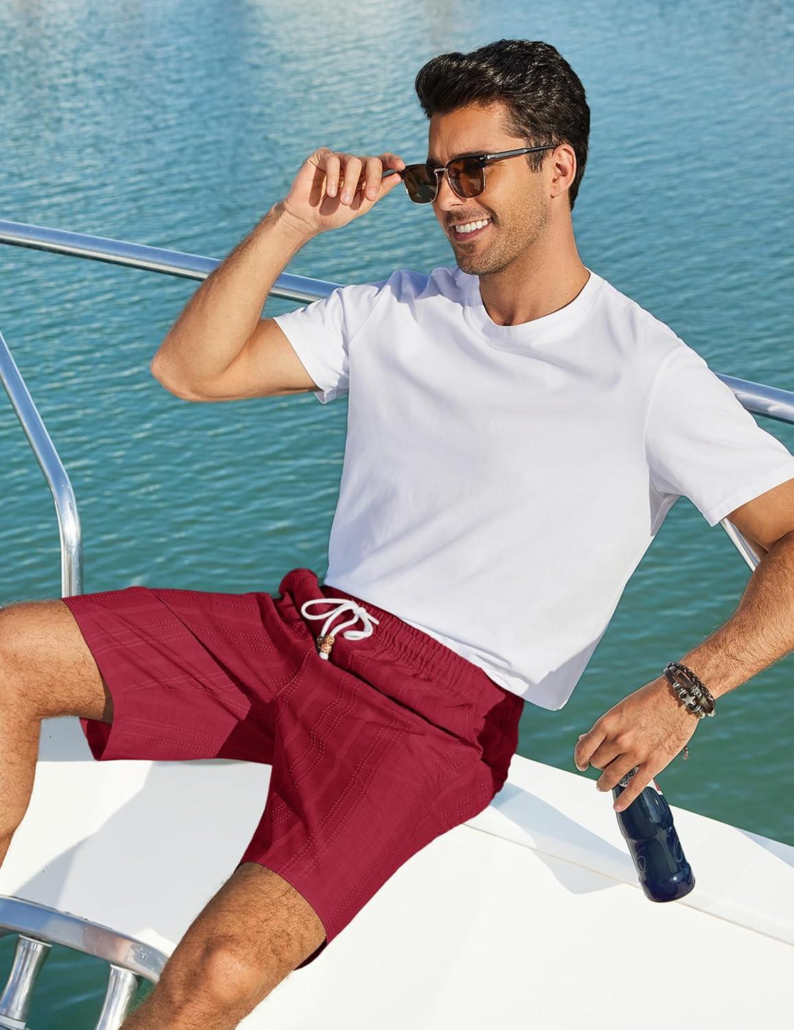 imageCOOFANDY Mens Casual Shorts 9 Summer Beach Shorts Drawstring Elastic Waist Shorts with PocketsDark Red