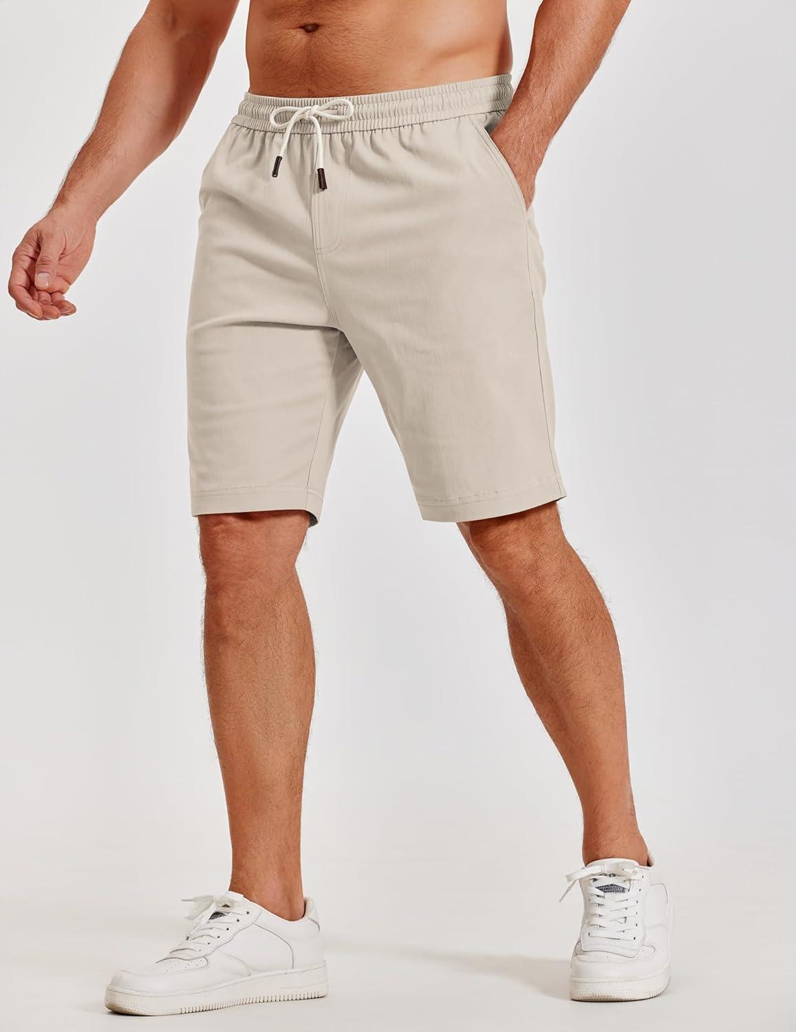 imageCOOFANDY Mens Casual Shorts Cotton Elastic Waist Shorts Drawstring Summer Beach ShortsLight Khaki
