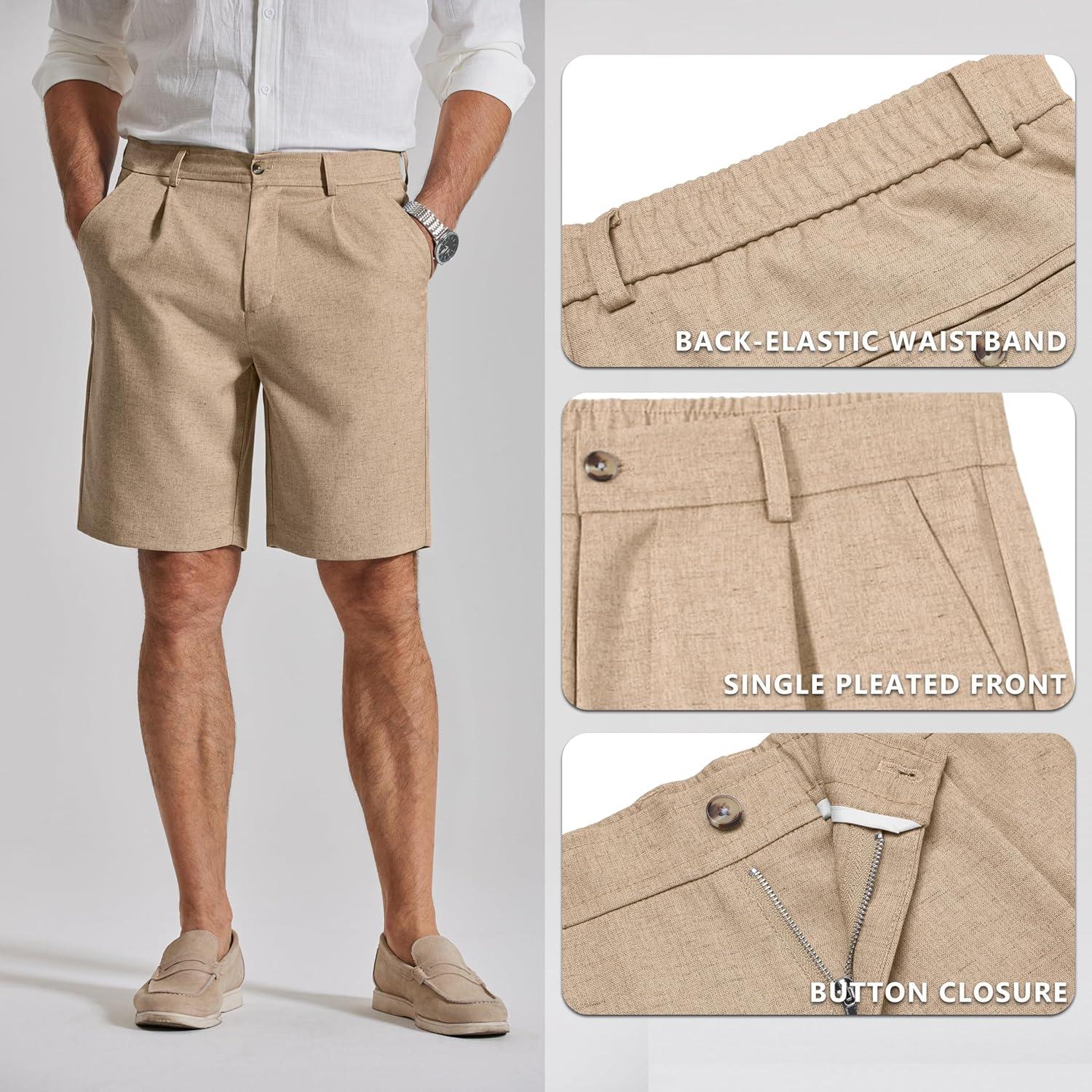 imageCOOFANDY Mens Casual Shorts Pleated Front 9 Linen Textured Dress ShortsKhaki