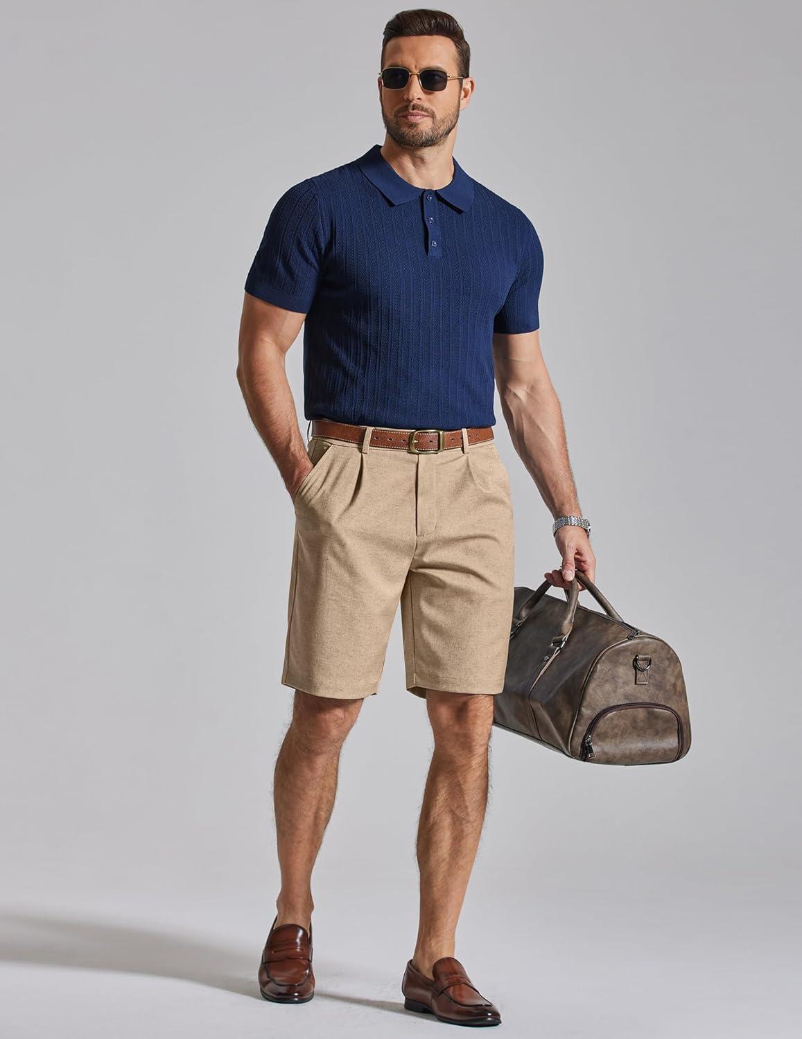 imageCOOFANDY Mens Casual Shorts Pleated Front 9 Linen Textured Dress ShortsKhaki