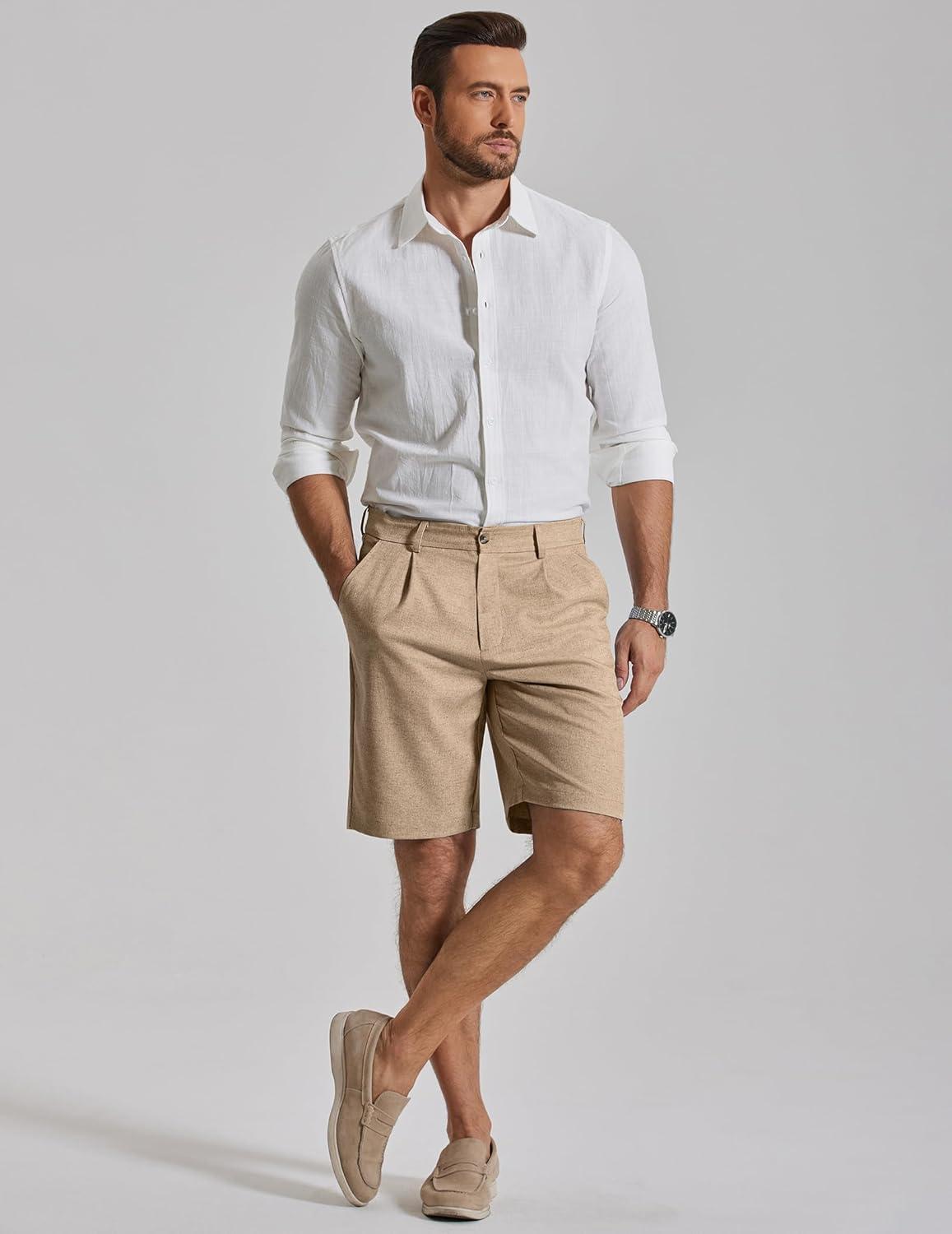imageCOOFANDY Mens Casual Shorts Pleated Front 9 Linen Textured Dress ShortsKhaki