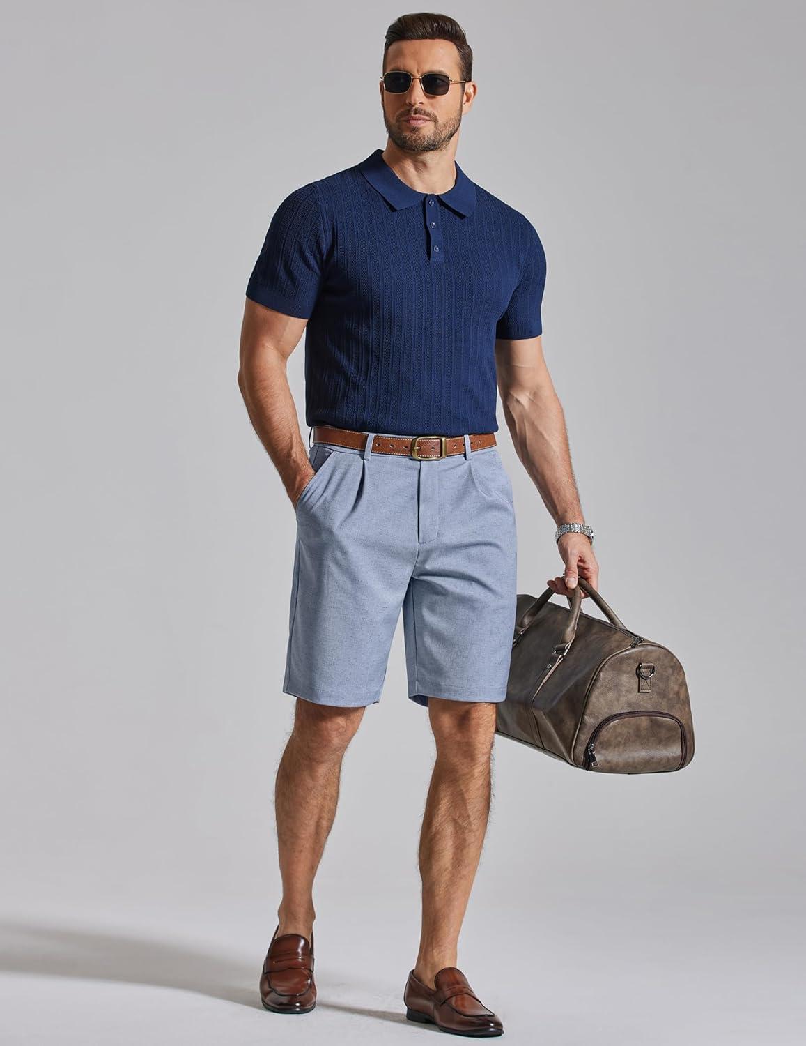 imageCOOFANDY Mens Casual Shorts Pleated Front 9 Linen Textured Dress ShortsLight Blue