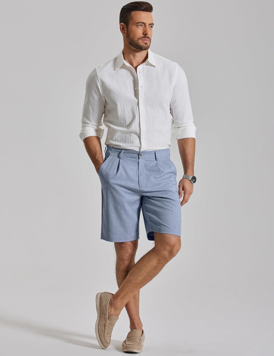 imageCOOFANDY Mens Casual Shorts Pleated Front 9 Linen Textured Dress ShortsLight Blue