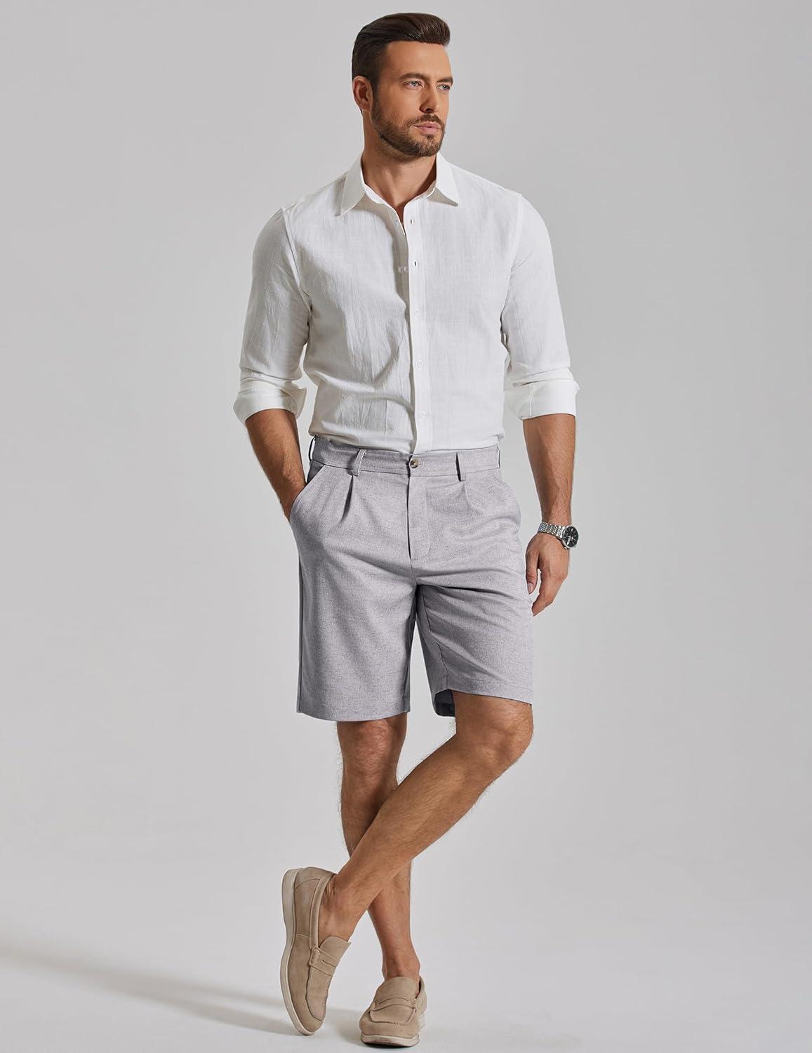 imageCOOFANDY Mens Casual Shorts Pleated Front 9 Linen Textured Dress ShortsLight Grey