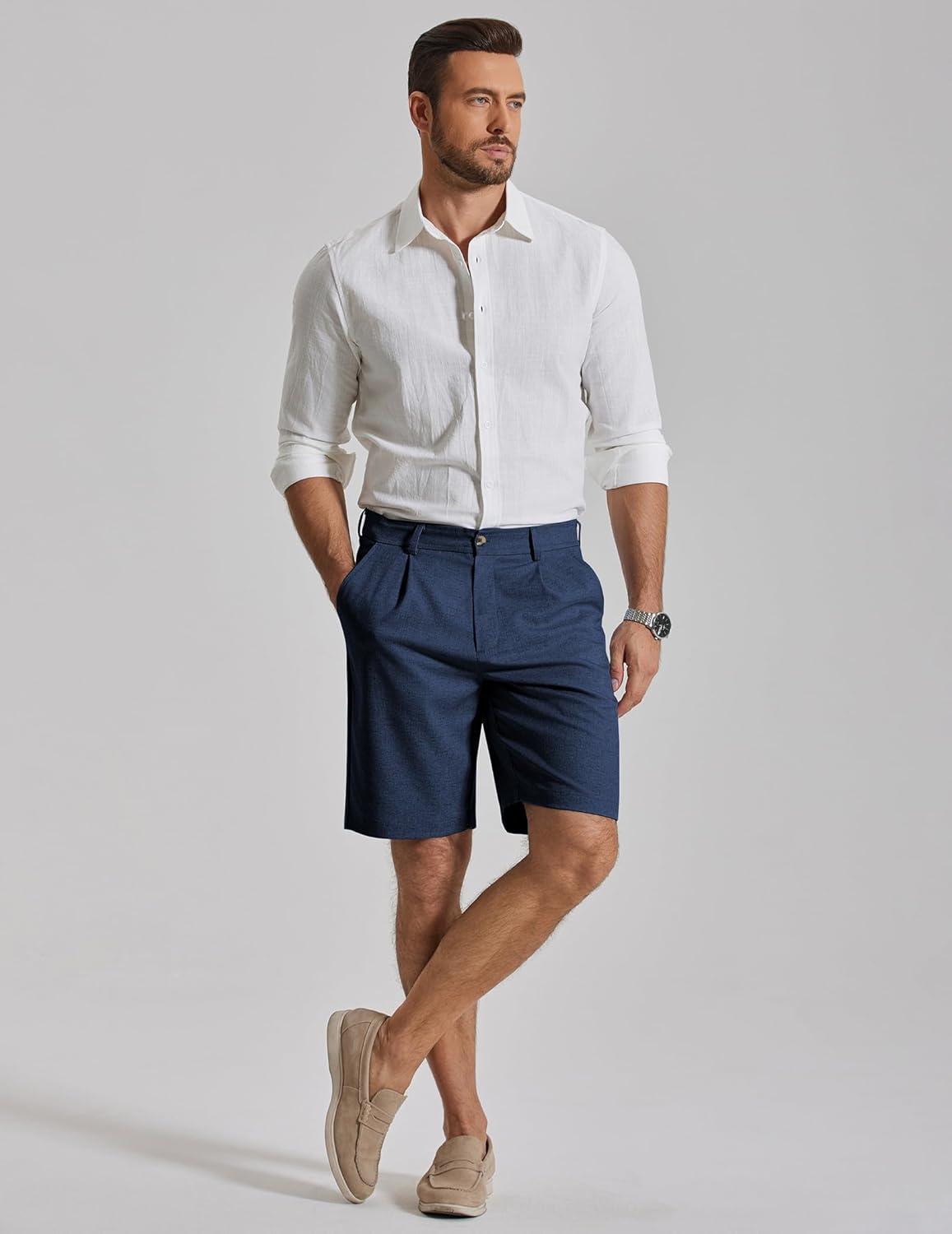 imageCOOFANDY Mens Casual Shorts Pleated Front 9 Linen Textured Dress ShortsNavy