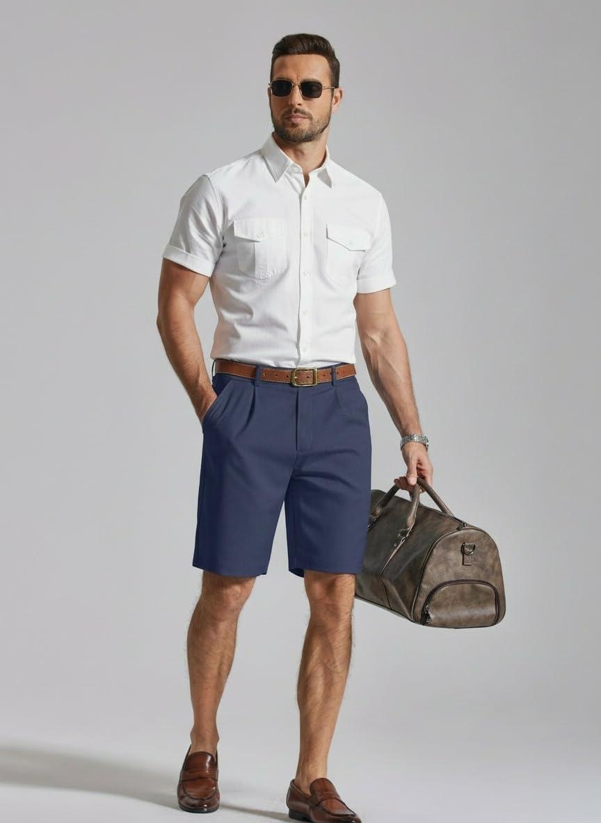 imageCOOFANDY Mens Casual Shorts Pleated Front 9 Linen Textured Dress ShortsNavy
