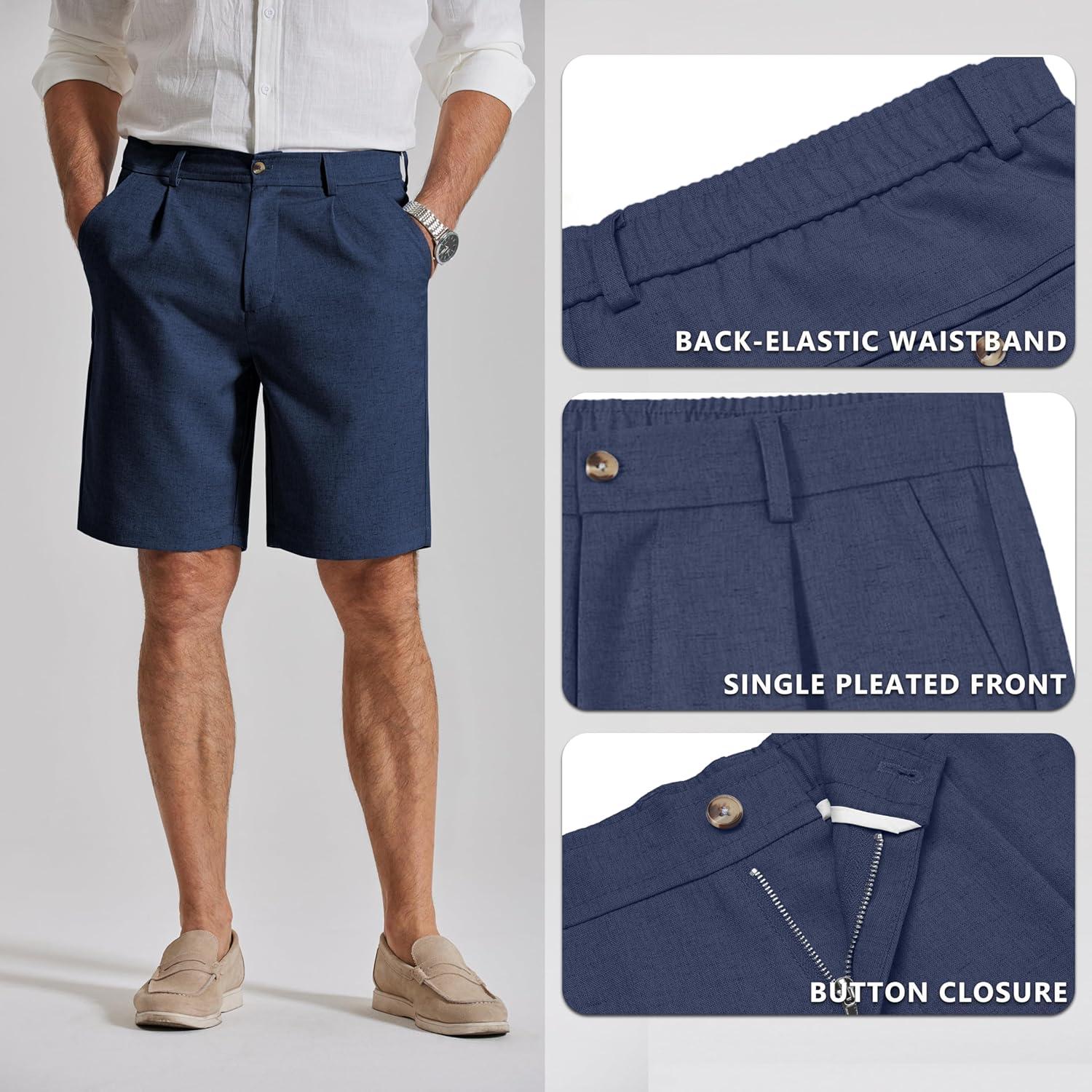 imageCOOFANDY Mens Casual Shorts Pleated Front 9 Linen Textured Dress ShortsNavy