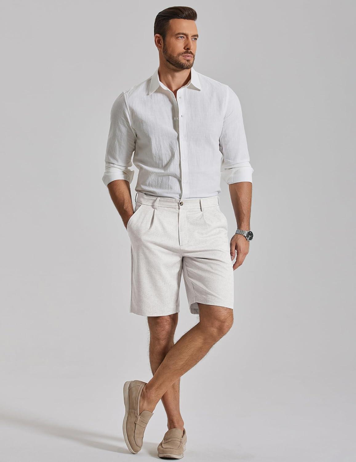 imageCOOFANDY Mens Casual Shorts Pleated Front 9 Linen Textured Dress ShortsWhite
