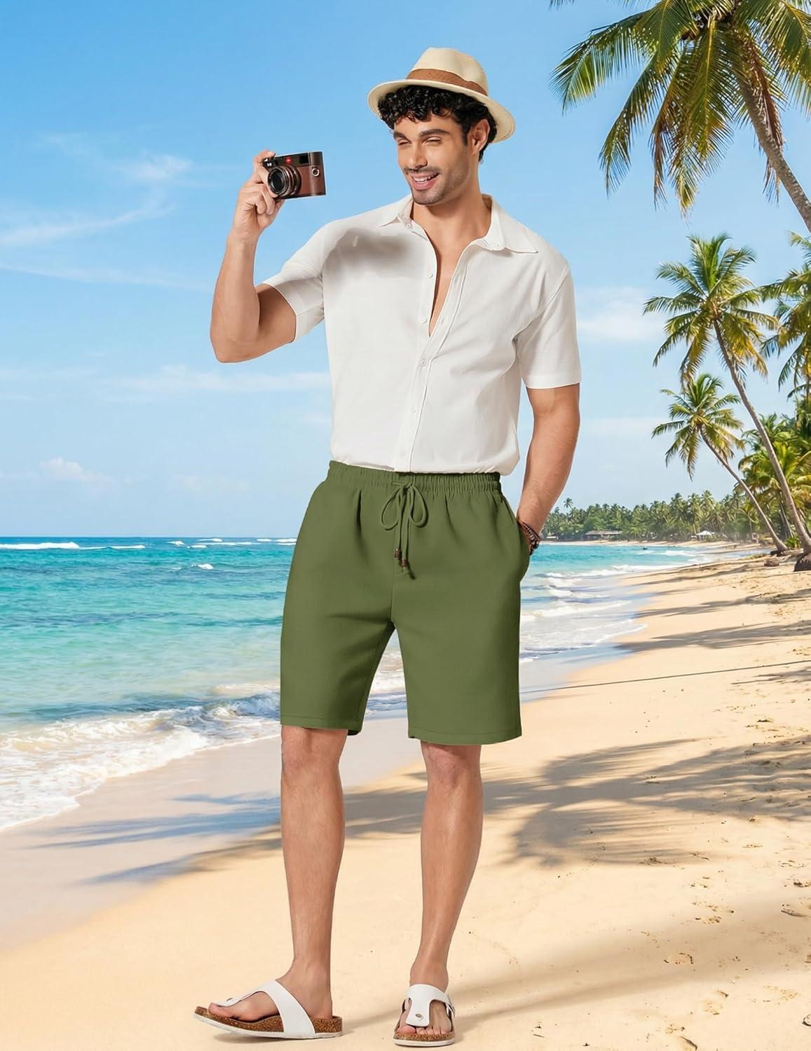 imageCOOFANDY Mens Linen Shorts 9 Casual Summer Beach Shorts Elastic Waist Drawstring Vacation Short with PocketsArmy Green
