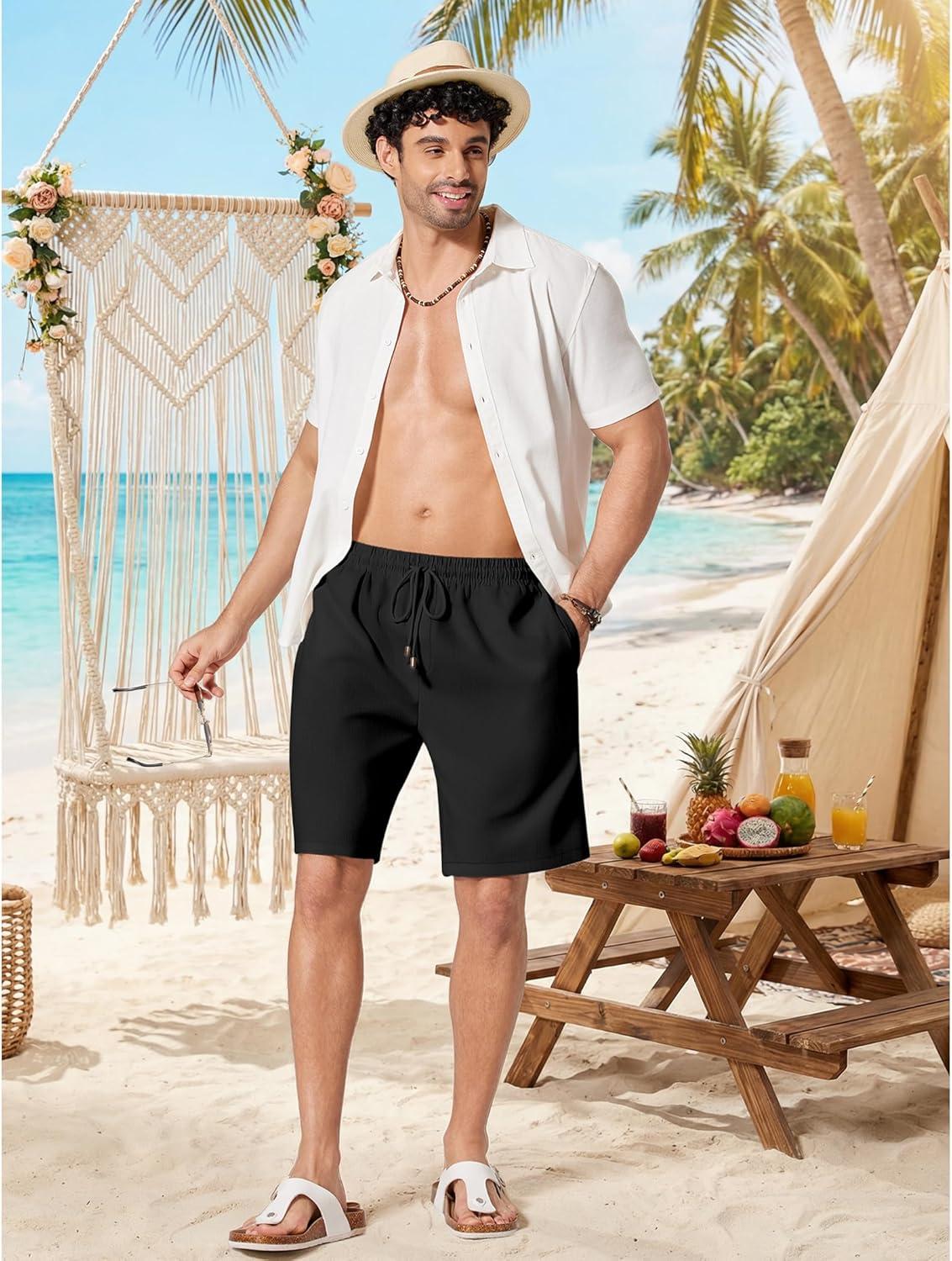 imageCOOFANDY Mens Linen Shorts 9 Casual Summer Beach Shorts Elastic Waist Drawstring Vacation Short with PocketsBlack