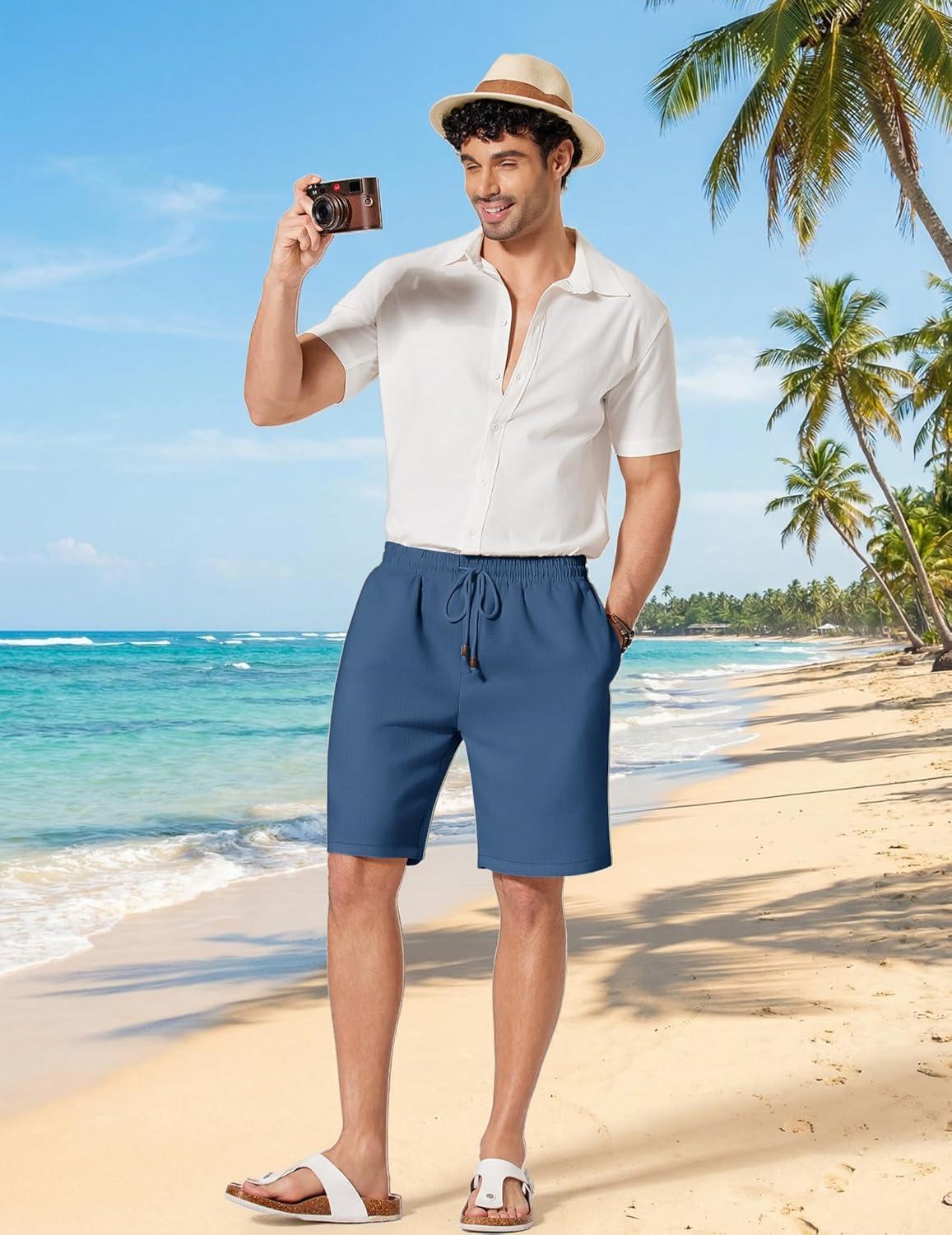 imageCOOFANDY Mens Linen Shorts 9 Casual Summer Beach Shorts Elastic Waist Drawstring Vacation Short with PocketsDark Blue