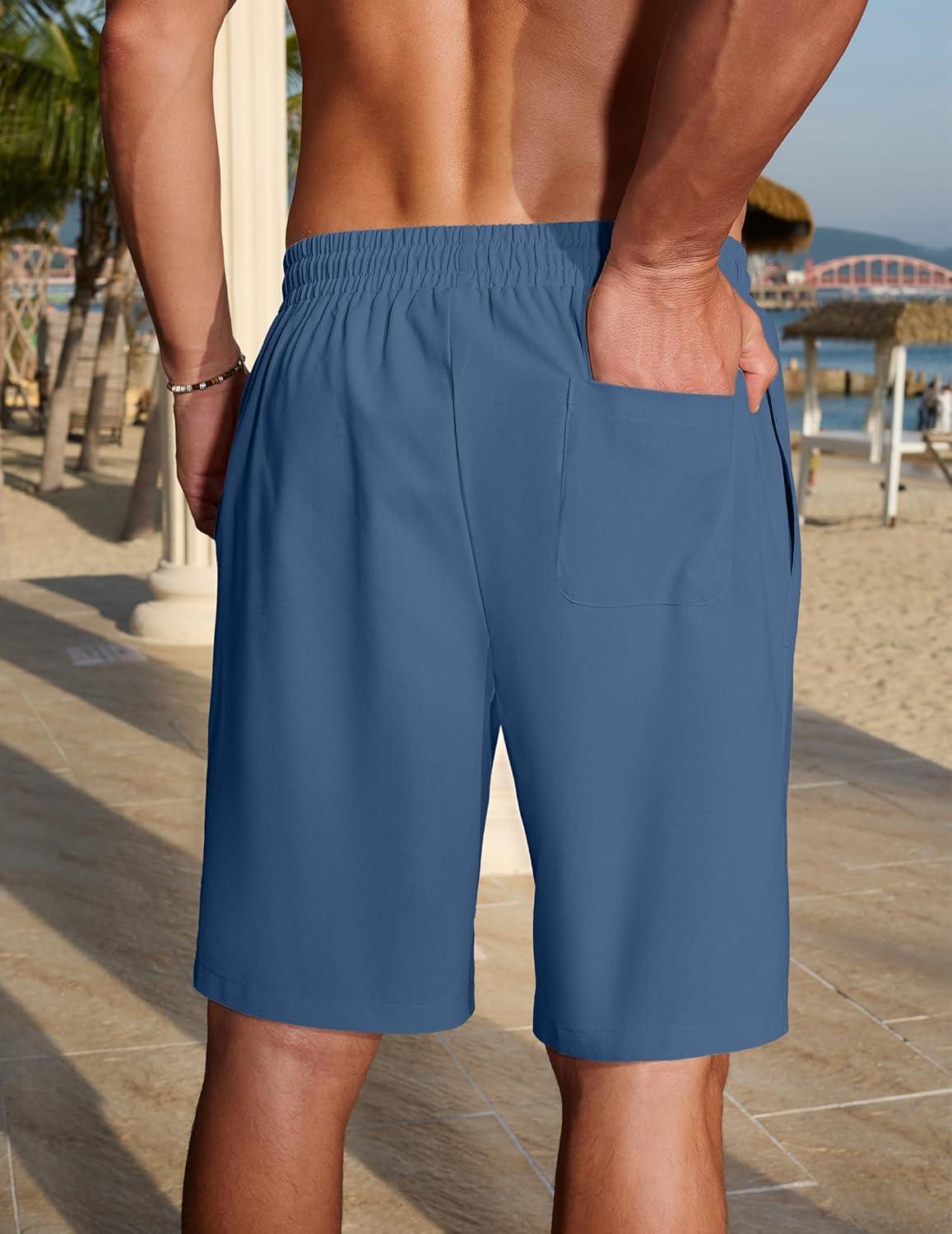 imageCOOFANDY Mens Linen Shorts 9 Casual Summer Beach Shorts Elastic Waist Drawstring Vacation Short with PocketsDark Blue