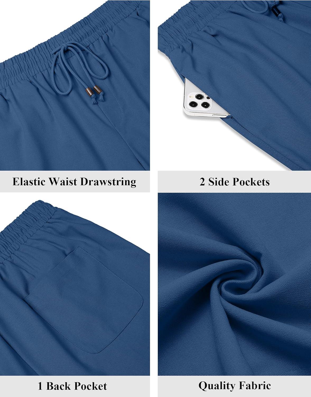 imageCOOFANDY Mens Linen Shorts 9 Casual Summer Beach Shorts Elastic Waist Drawstring Vacation Short with PocketsDark Blue