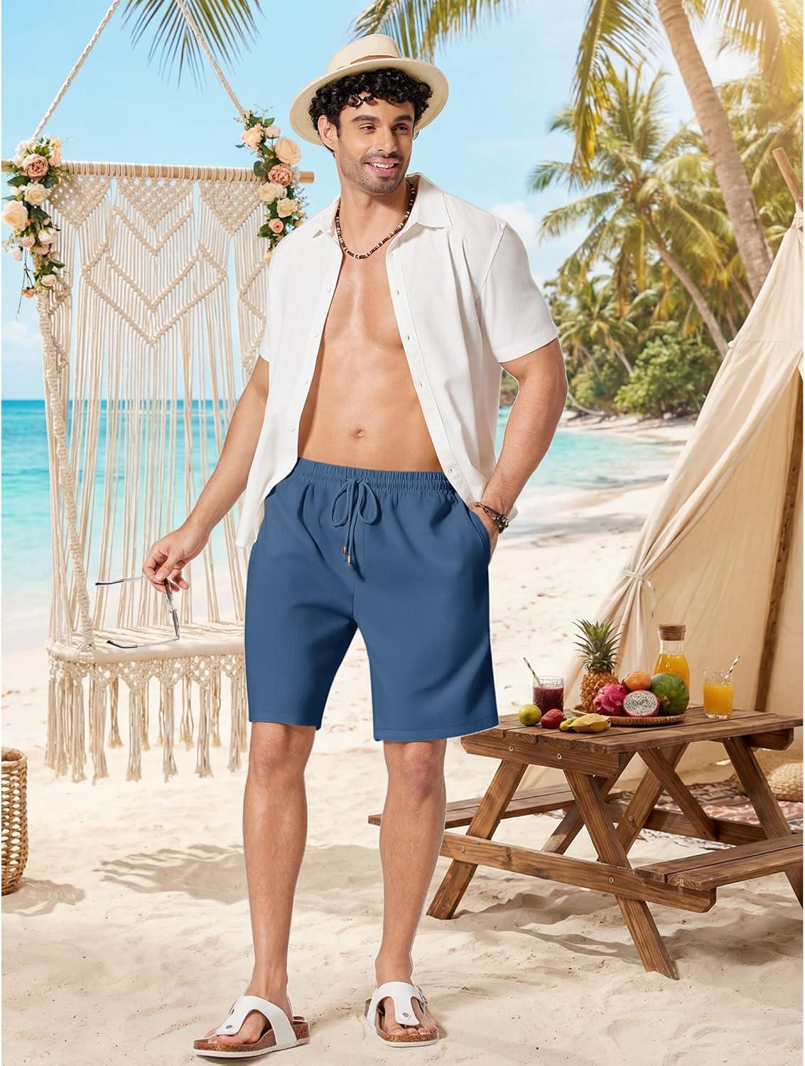 imageCOOFANDY Mens Linen Shorts 9 Casual Summer Beach Shorts Elastic Waist Drawstring Vacation Short with PocketsDark Blue