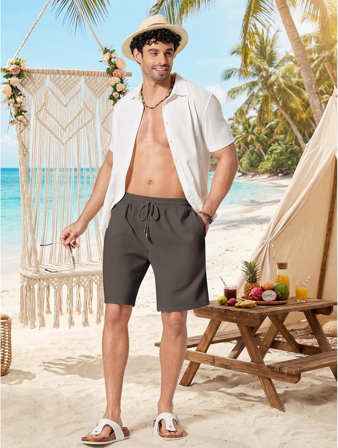 imageCOOFANDY Mens Linen Shorts 9 Casual Summer Beach Shorts Elastic Waist Drawstring Vacation Short with PocketsDark Gray